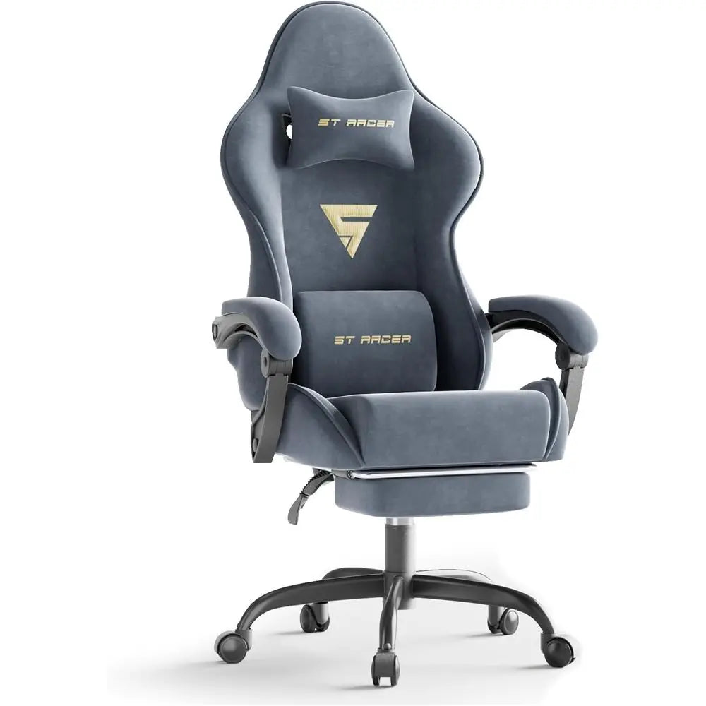 Gray Massage Gaming Chair with Lumbar Cushion & Removable Headrest – Supports 275 lbs