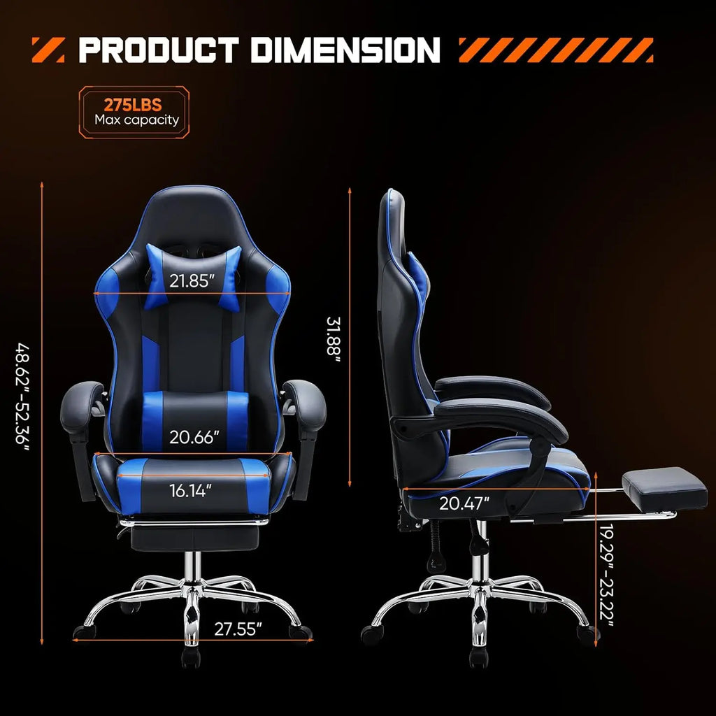 Blue Ergonomic Gaming Chair with Footrest & Adjustable Headrest – Supports 275 lbs