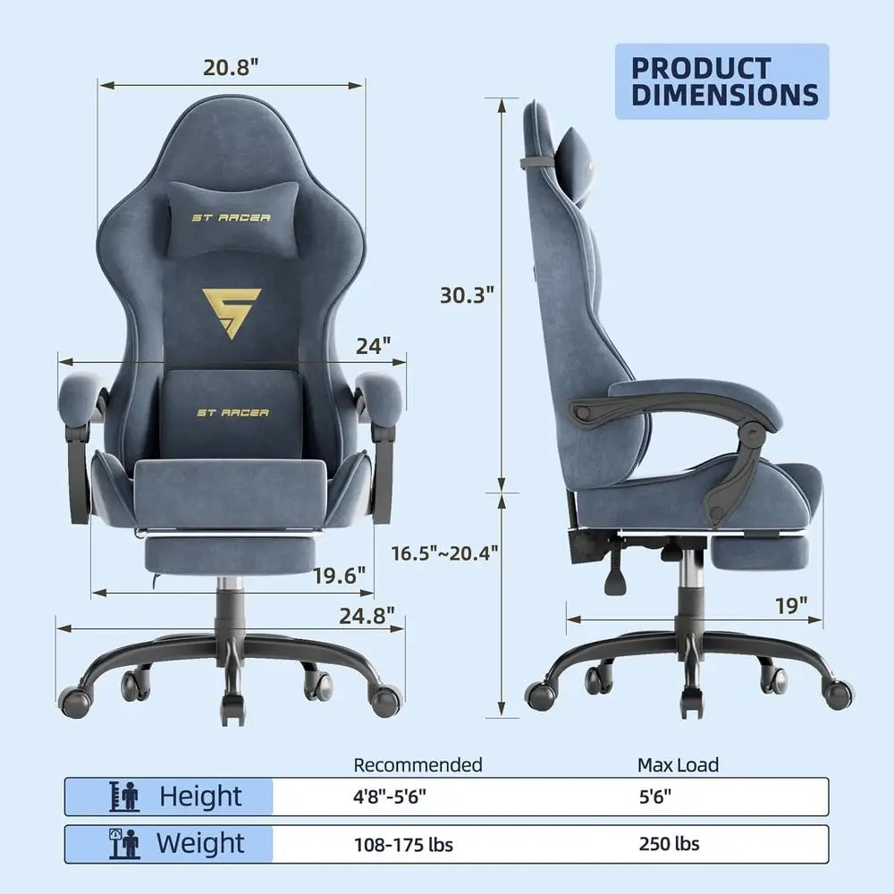 Gray Massage Gaming Chair with Lumbar Cushion & Removable Headrest – Supports 275 lbs