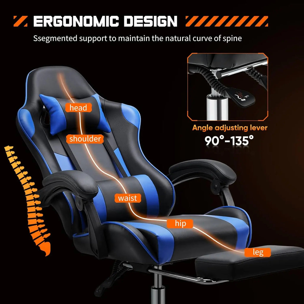Blue Ergonomic Gaming Chair with Footrest & Adjustable Headrest – Supports 275 lbs