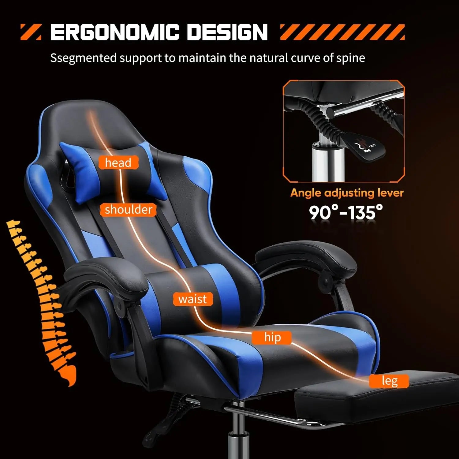 Blue Ergonomic Gaming Chair with Footrest & Adjustable Headrest – Supports 275 lbs