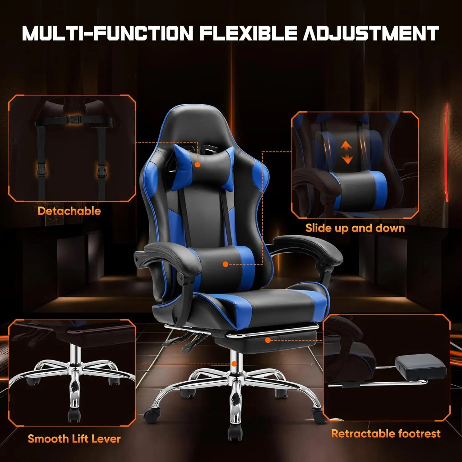 Blue Ergonomic Gaming Chair with Footrest & Adjustable Headrest – Supports 275 lbs