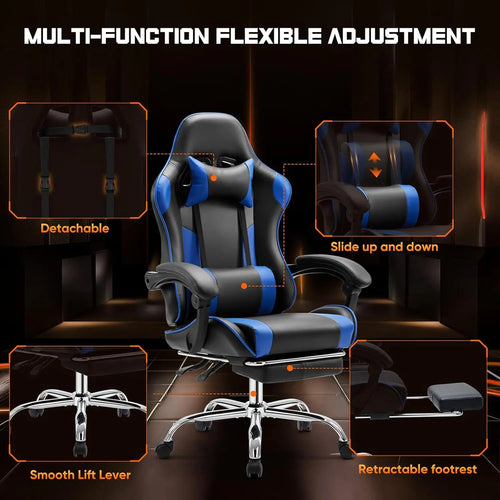 Blue Ergonomic Gaming Chair with Footrest & Adjustable Headrest – Supports 275 lbs